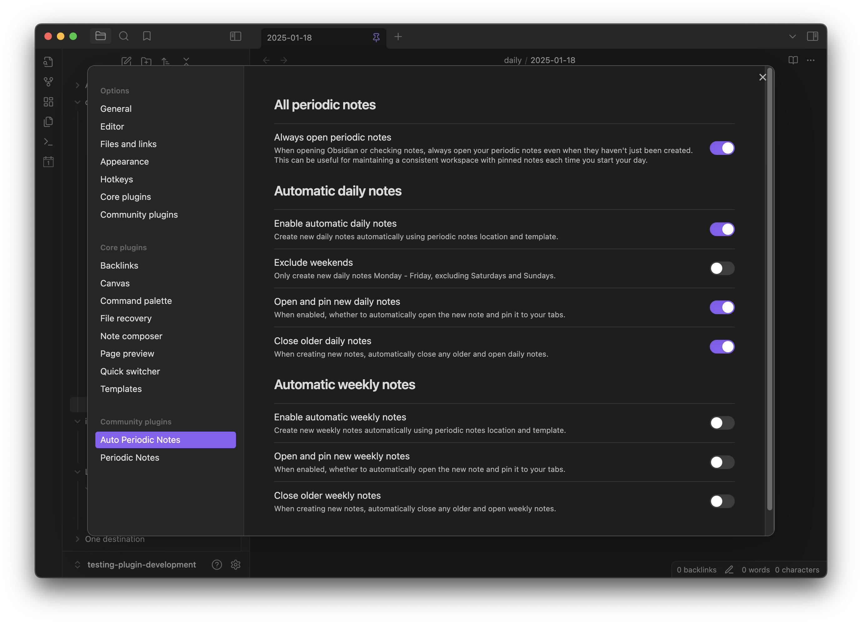 Example of Settings screen within Obsidian
