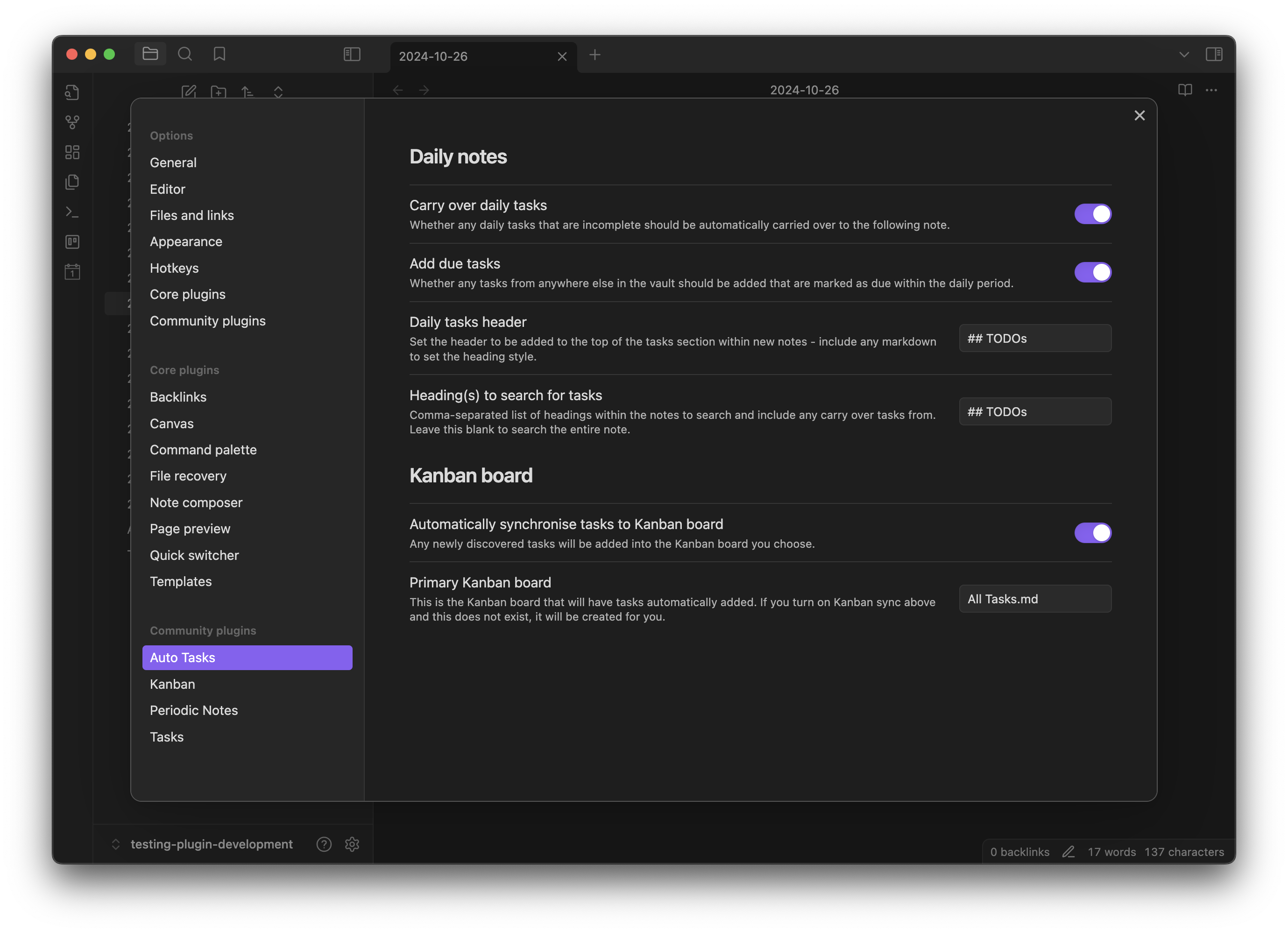Example of Settings screen within Obsidian