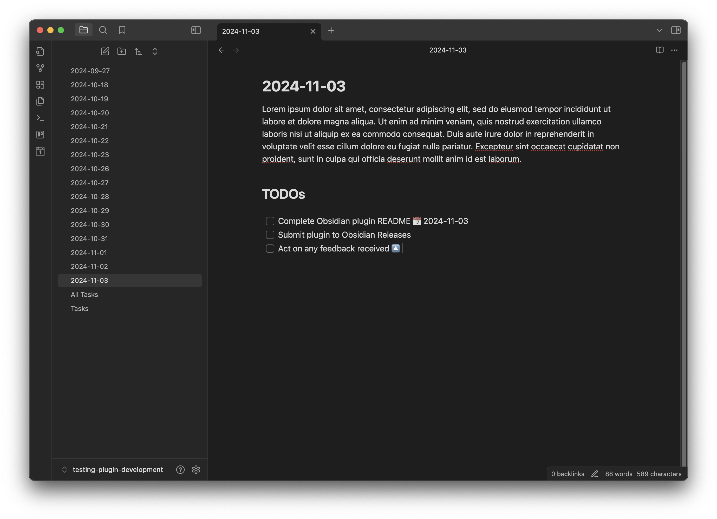 Example of tasks in a daily note within Obsidian