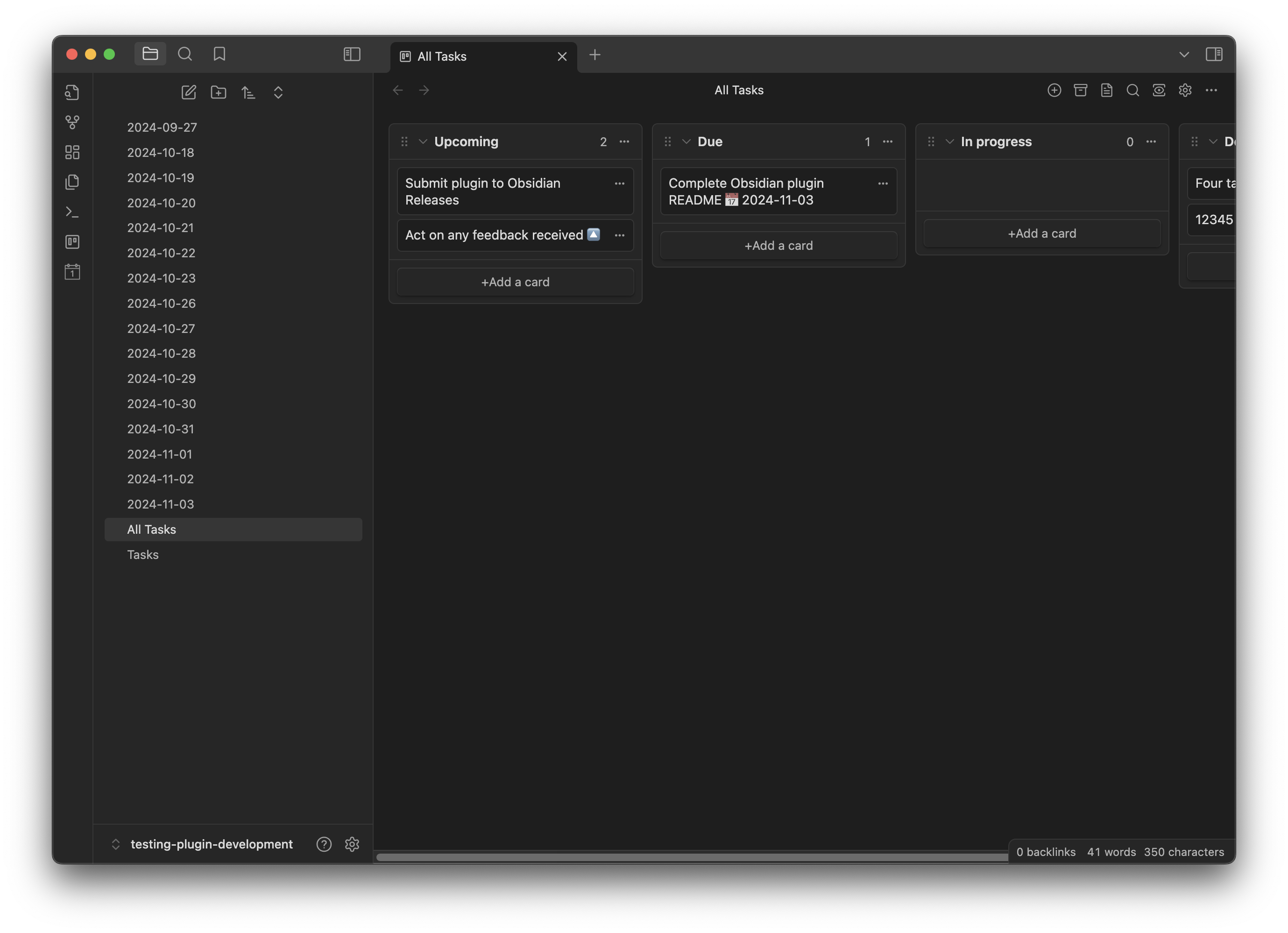 Example of tasks shown in a Kanban board within Obsidian