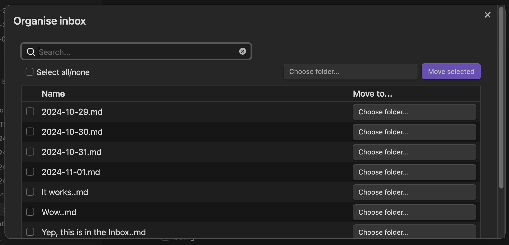 Organise inbox modal showing files and folder dropdowns