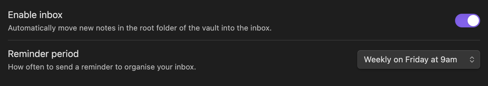 Settings screen showing inbox and period options