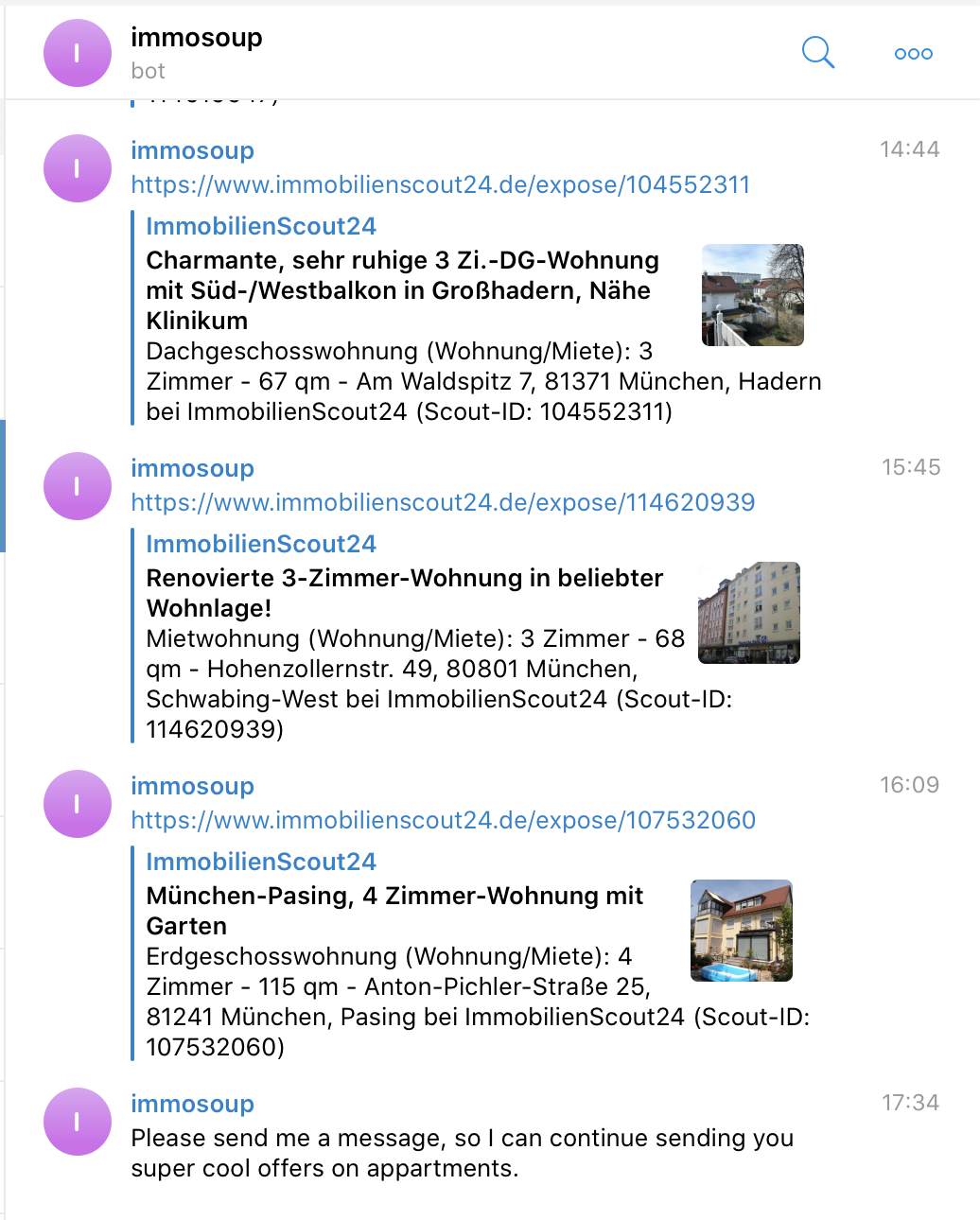 Screenshot of immosoup bot.