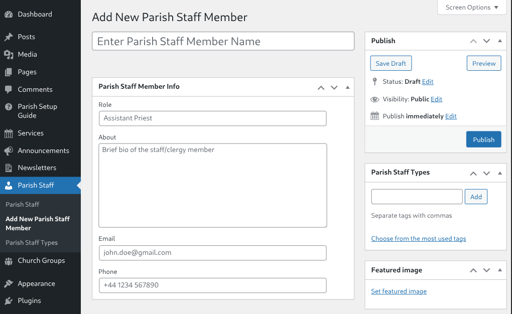 Admin UI for adding a Parish Staff custom post type with custom meta boxes