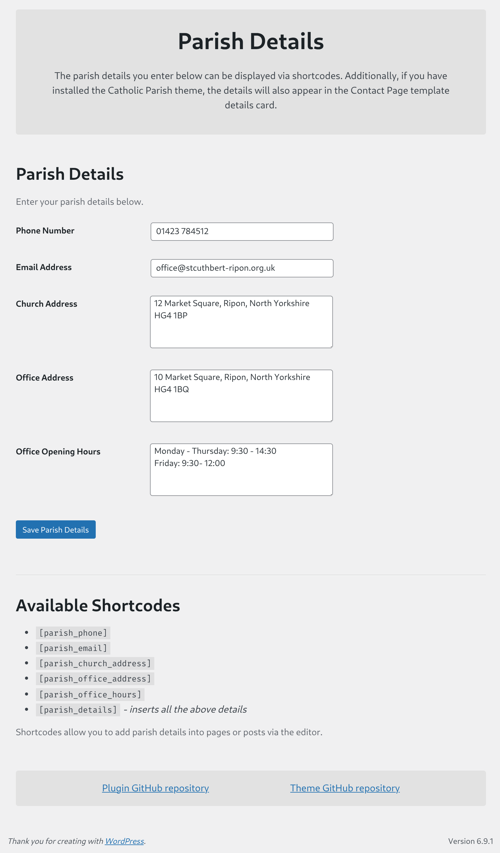 Custom admin settings page for entering Parish Details