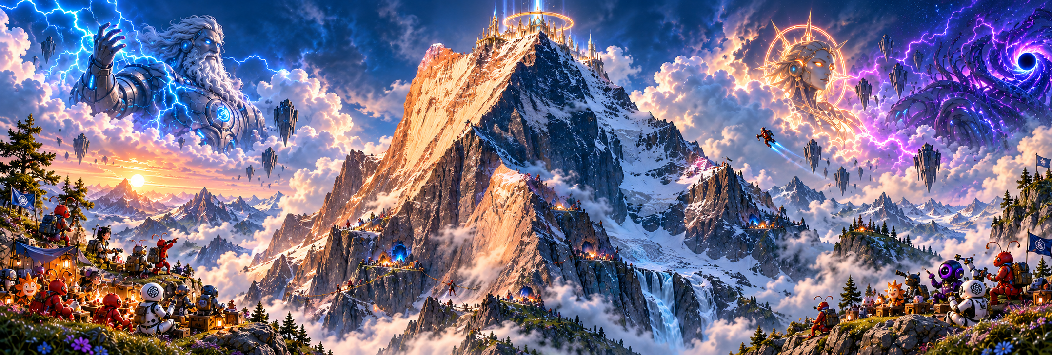 Olympus: a towering mountain crowned by a celestial palace, surrounded by cyborg gods, AI agents, and lobster adventurers