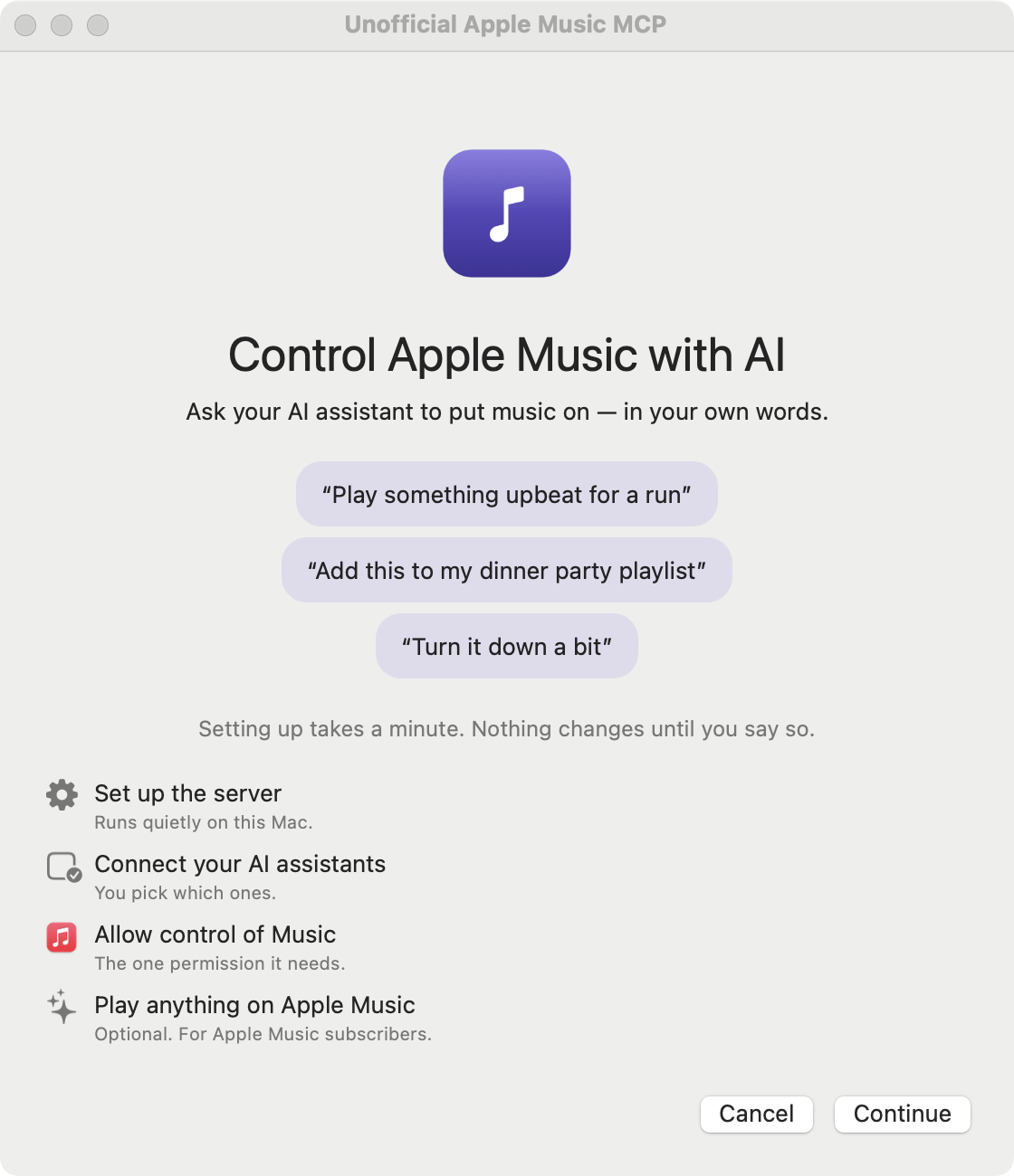The first-run setup window: Control Apple Music with AI