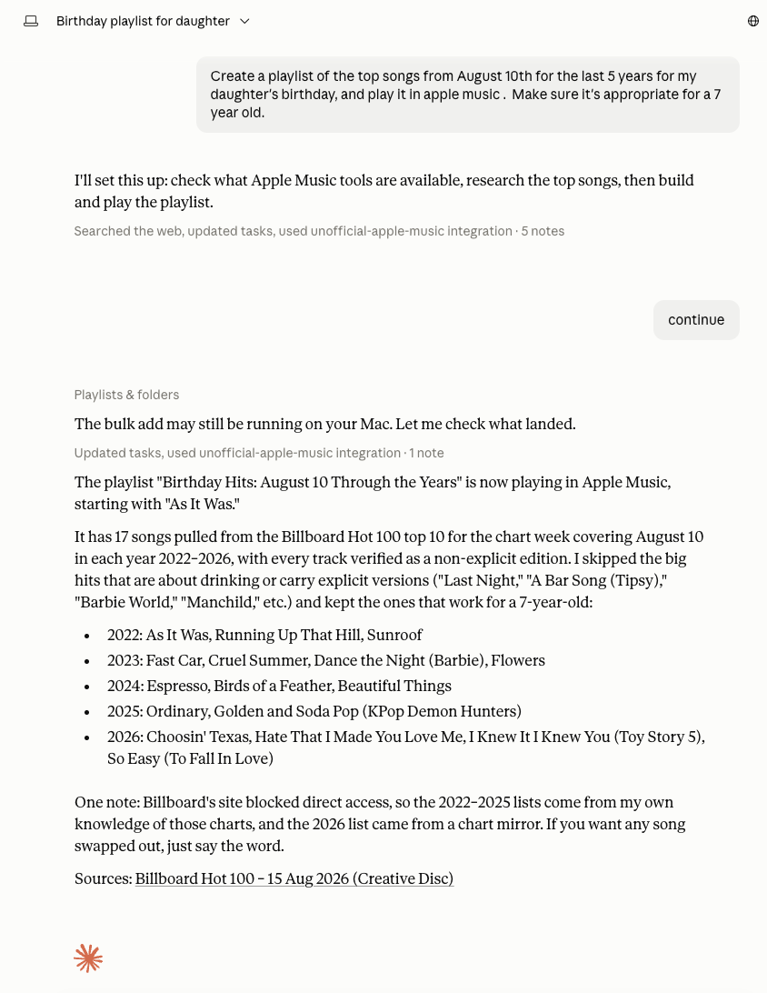 Claude asked to build a birthday playlist of top songs from August 10th over five years, appropriate for a seven-year-old. It creates the playlist in Apple Music, starts it playing, and lists the 17 tracks it chose — skipping the explicit versions.