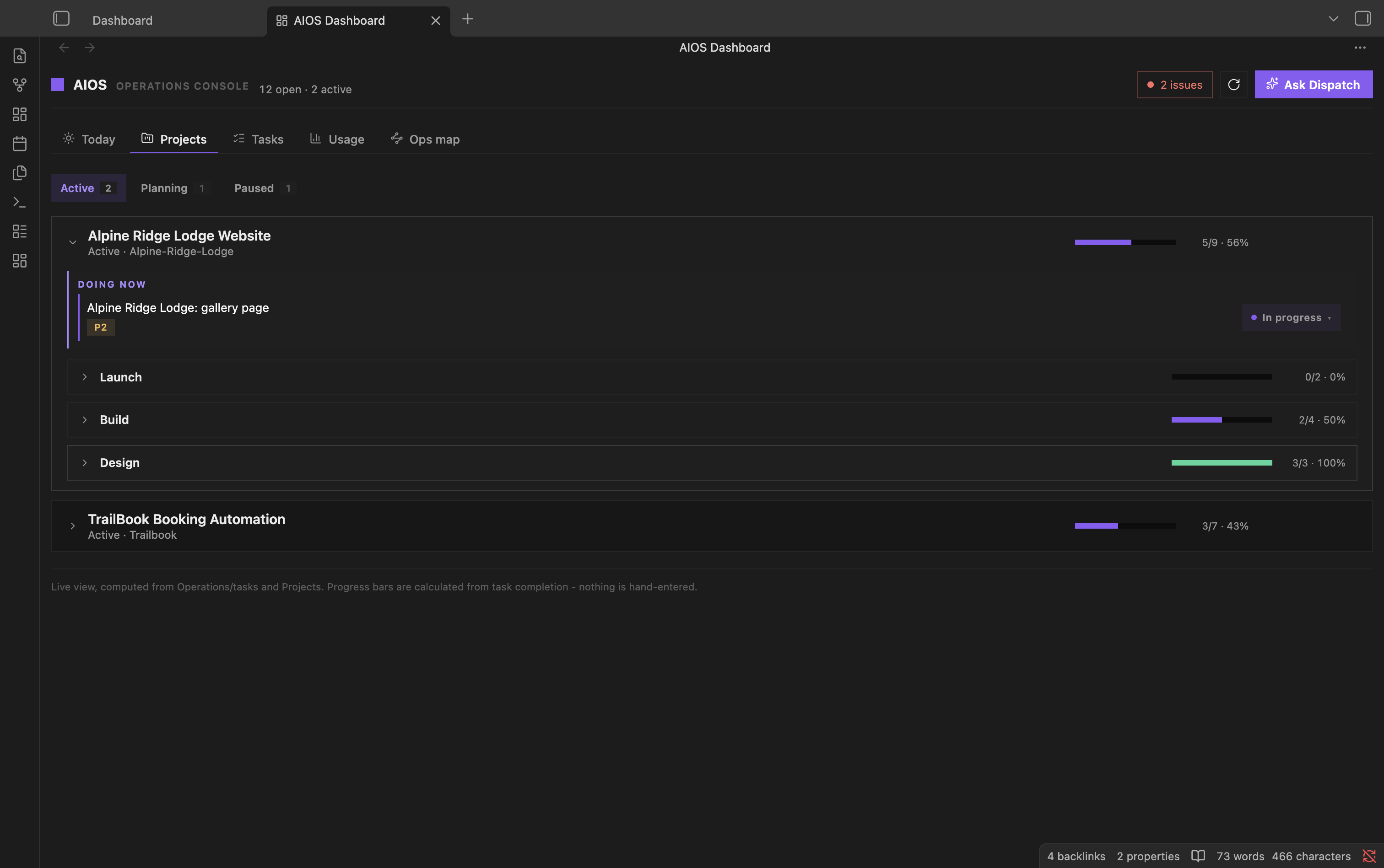 Projects tab with phase progress bars