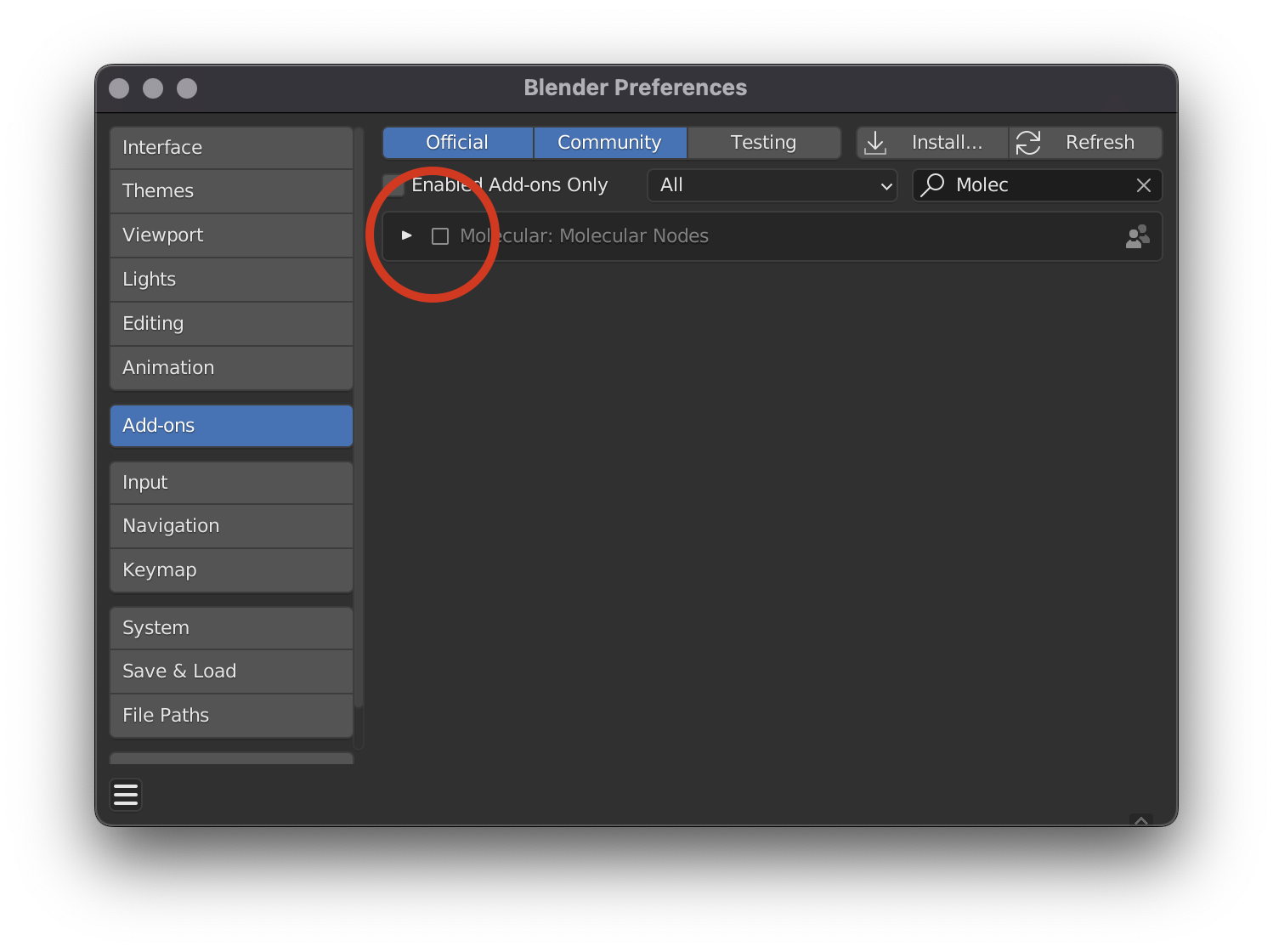 Screenshot highlighting the enable Molecular Nodes Addon