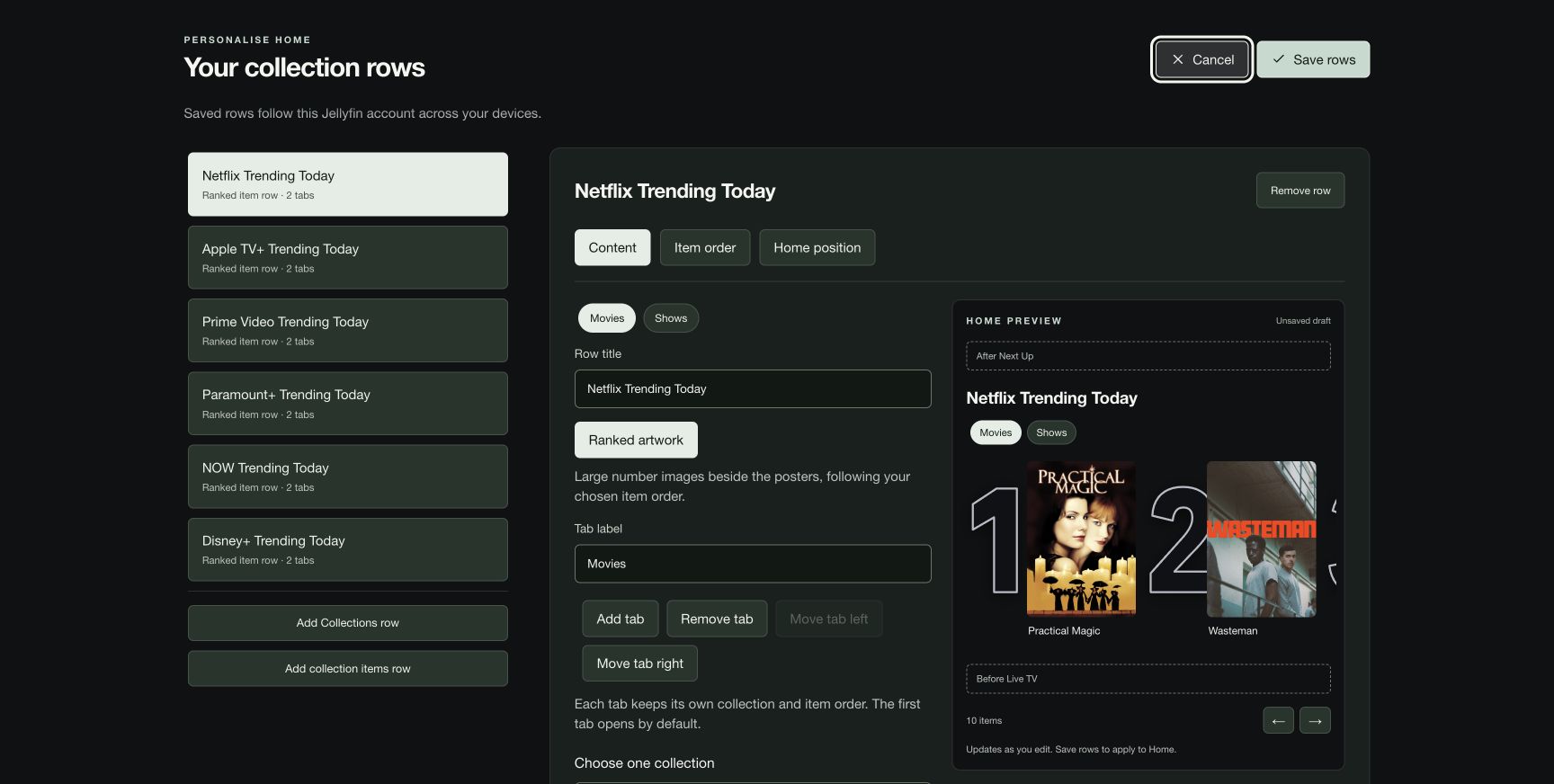Collection-row editor with real film posters and a live Home preview