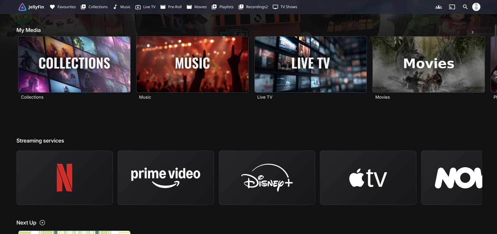 Home before the ScreenHarbour rebrand, with media libraries and Netflix, Prime Video, Disney+, Apple TV+ and NOW service tiles