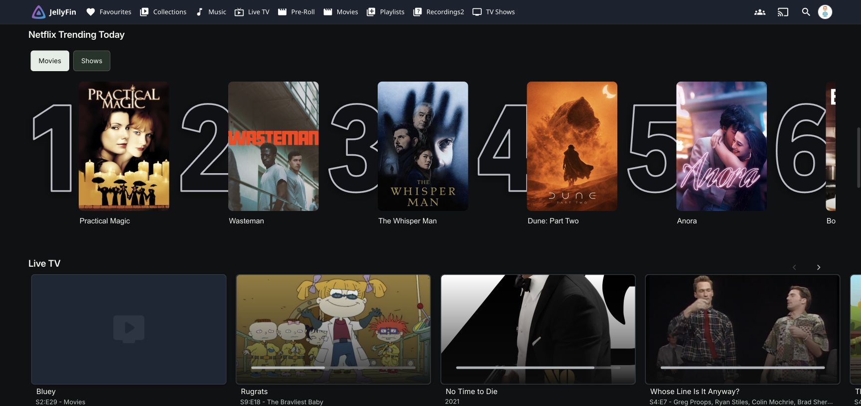 Home before the ScreenHarbour rebrand, with the Netflix Trending Today collection, numbered film posters and Movies and Shows tabs