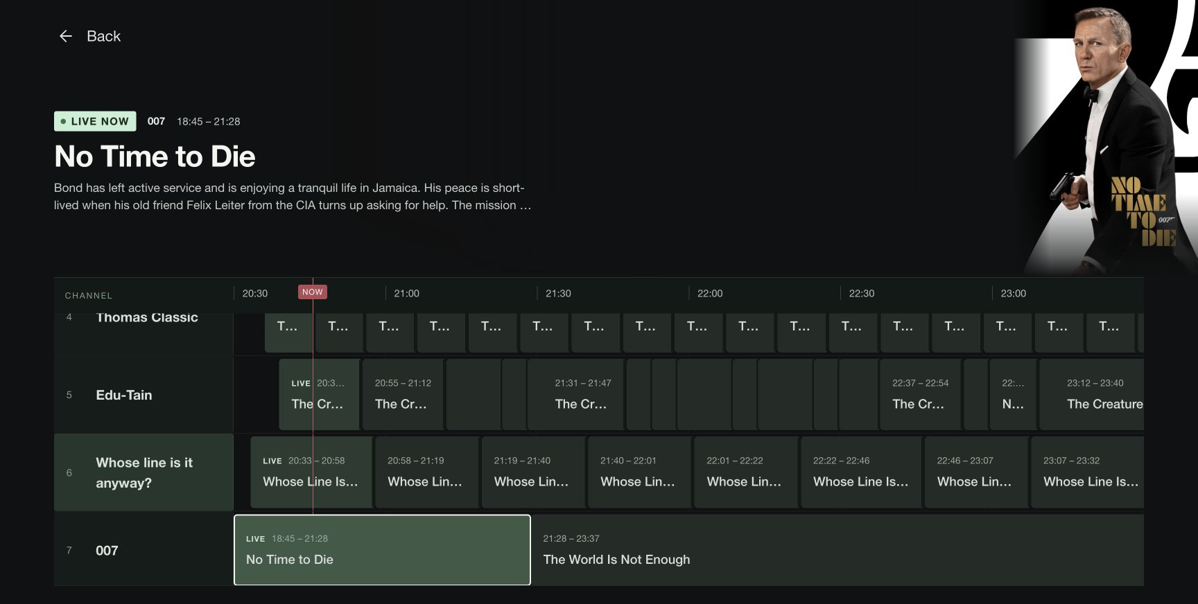 Live TV guide showing No Time to Die, channel rows and a horizontal schedule