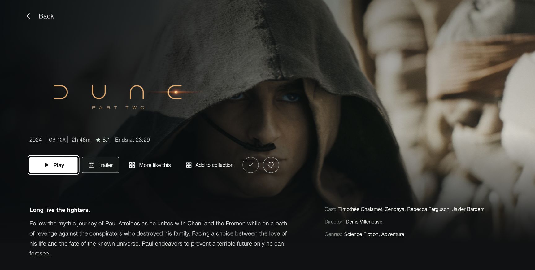 Dune: Part Two details with title artwork, playback controls and Ends at