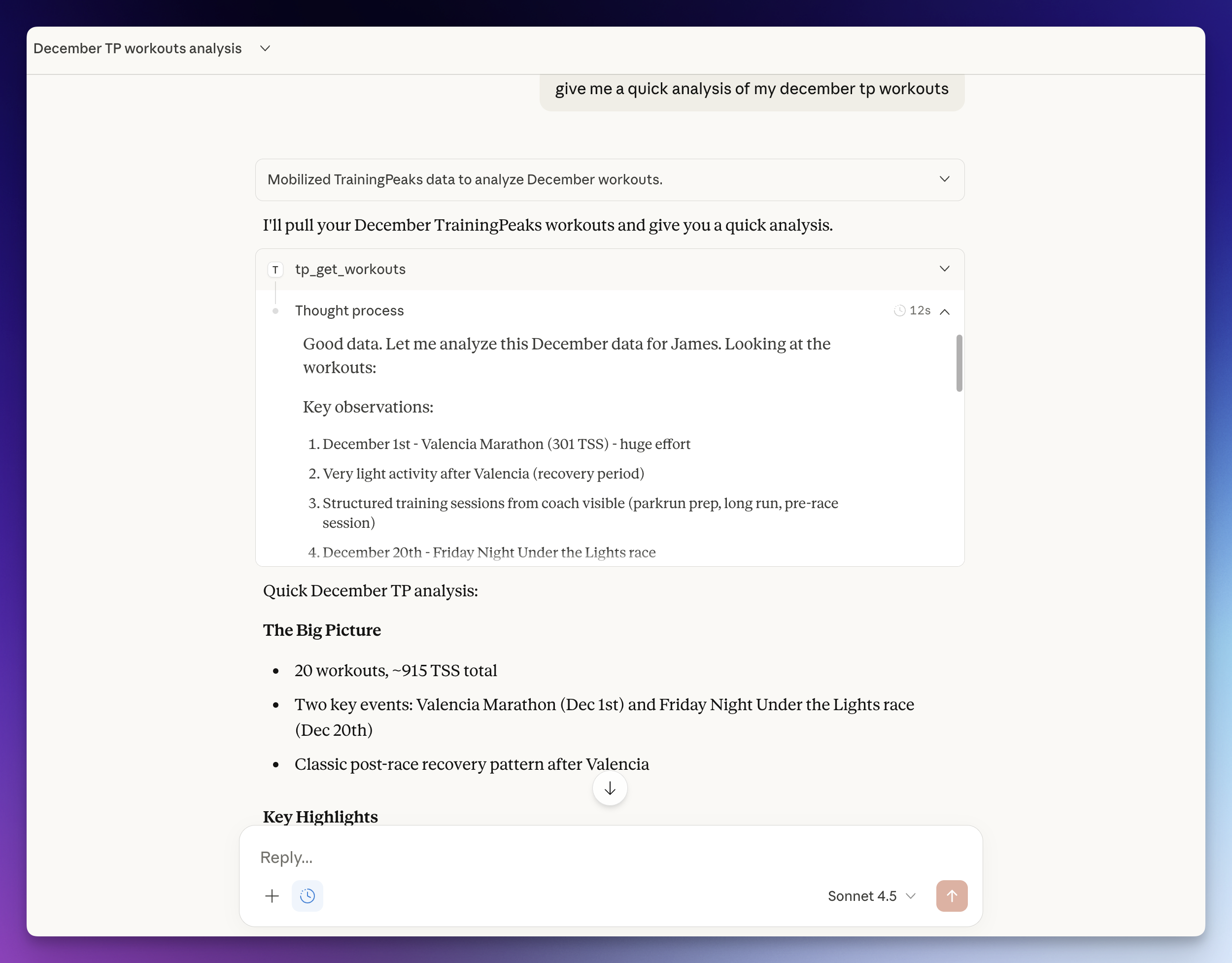 Example conversation with Claude using TrainingPeaks MCP
