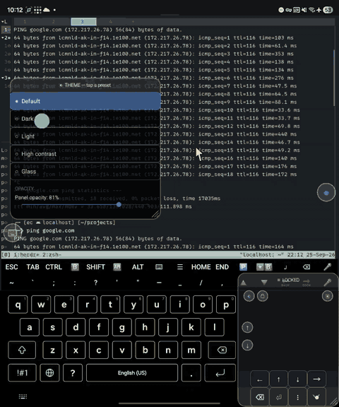 The theme menu: five presets and the opacity slider, with the preset switching from Default to High contrast