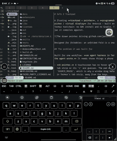 The drawn pointer driving this repo's own GitHub page, with the keys panel and the pad over a Termux session
