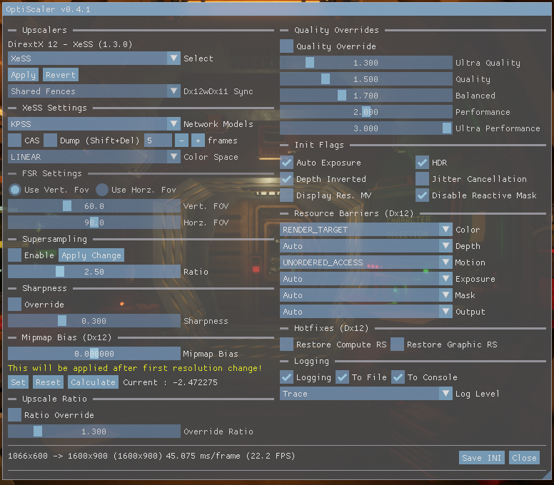 Interface do OptiScaler F5 com opções gráficas e controles