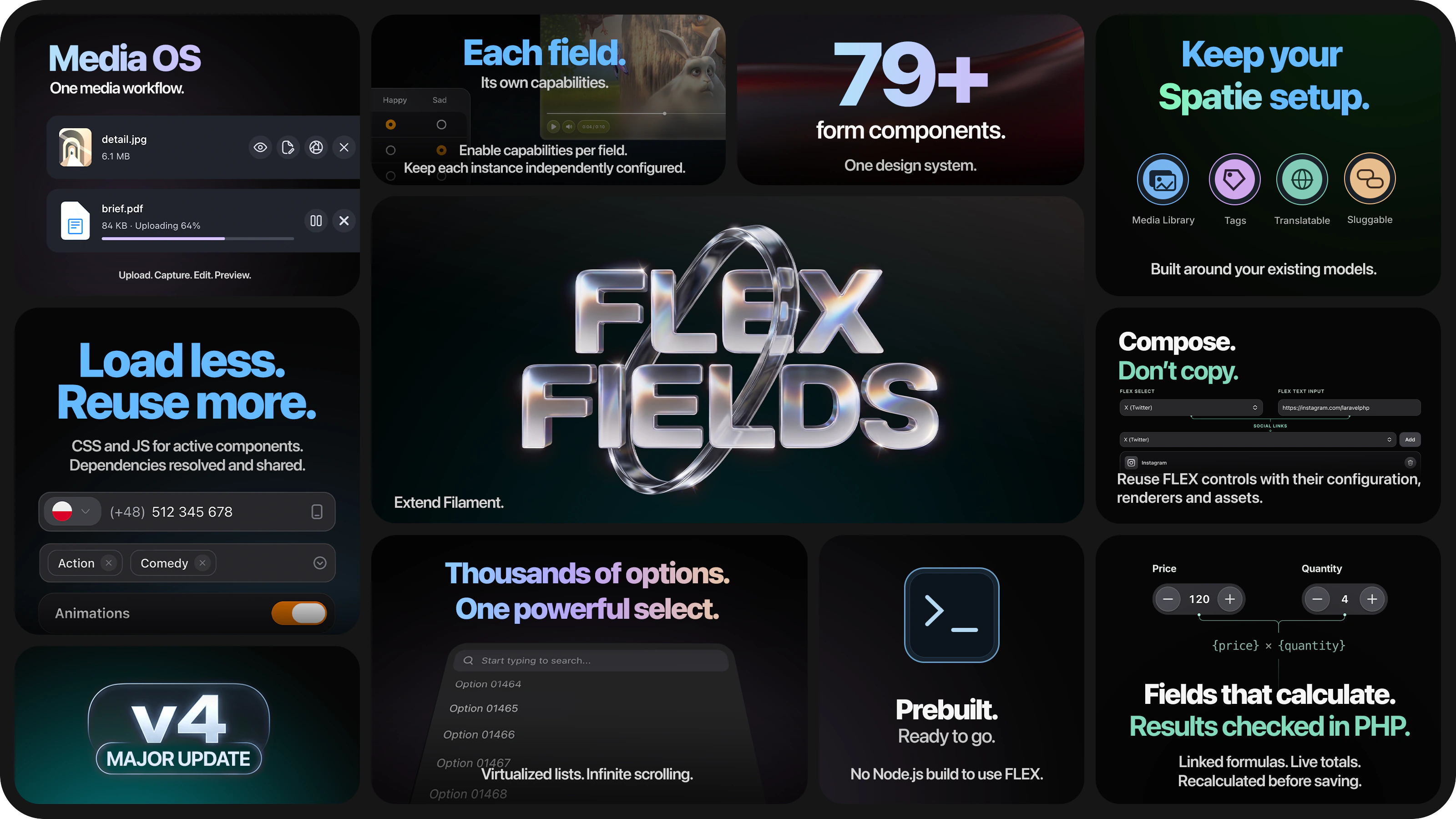 FLEX Fields v4 components and capabilities for Laravel and Filament