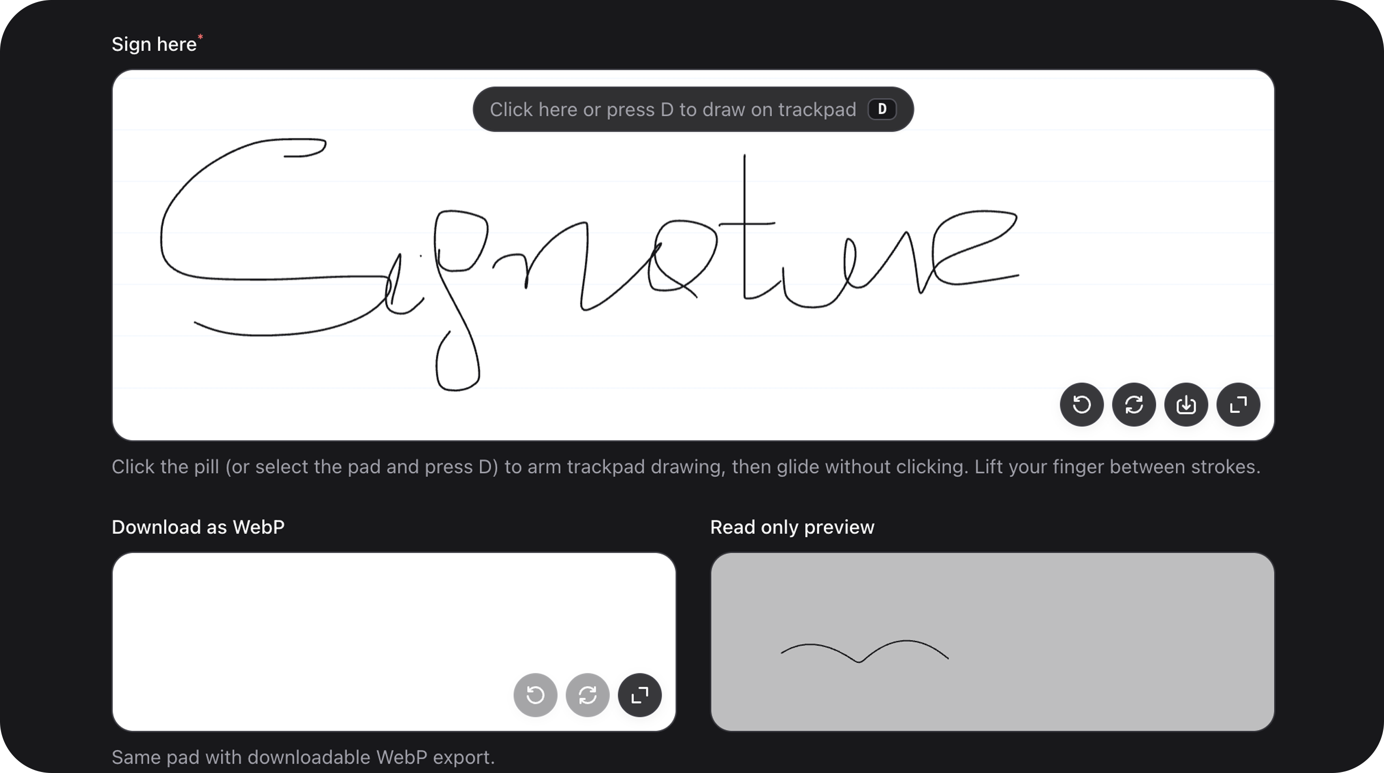 SignatureField - HTML5 canvas handwriting signature pad for Filament forms, allowing touch-friendly signatures with WebP export