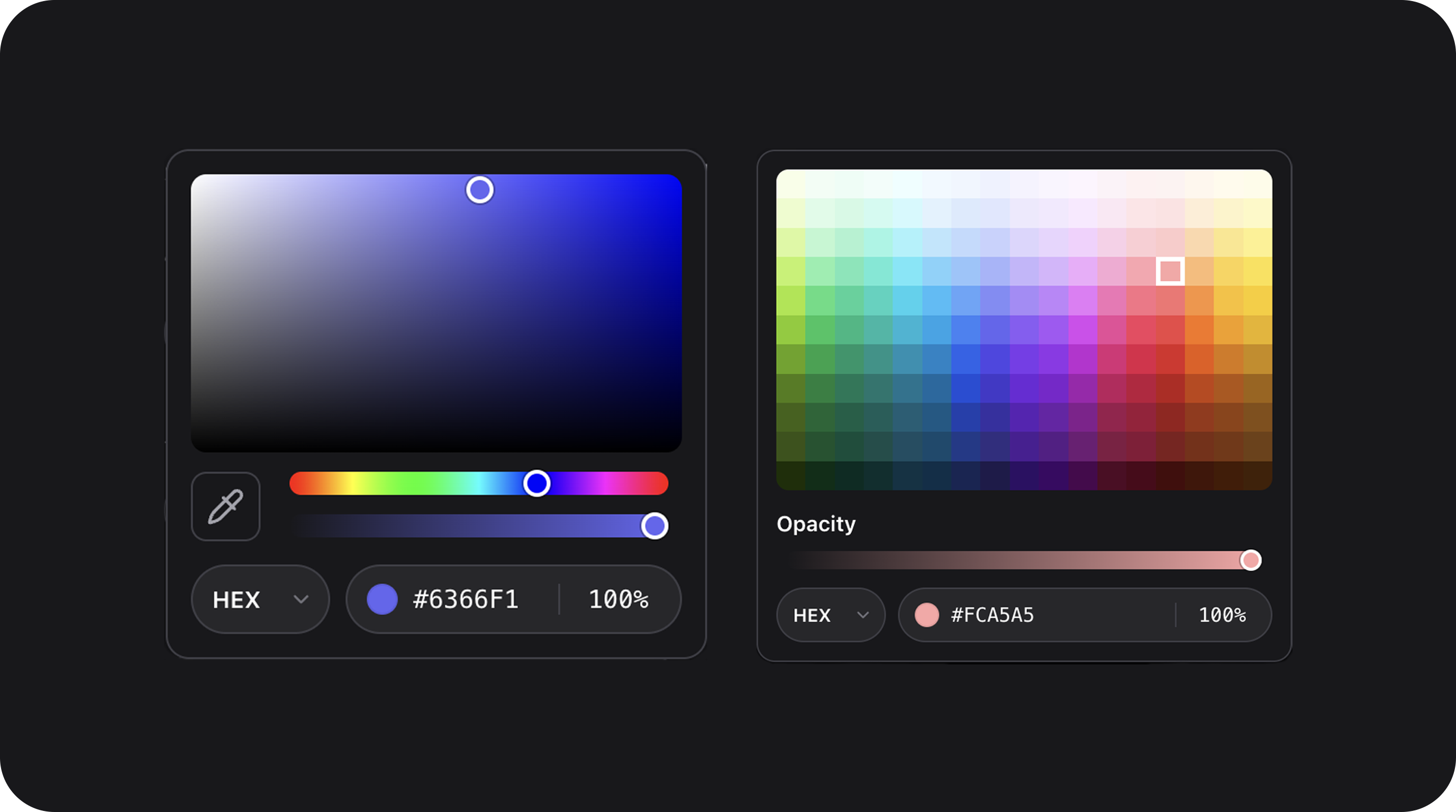 FlexColorPickerField - Premium color picker with preset swatches, opacity slider, visual grid, and eyedropper support