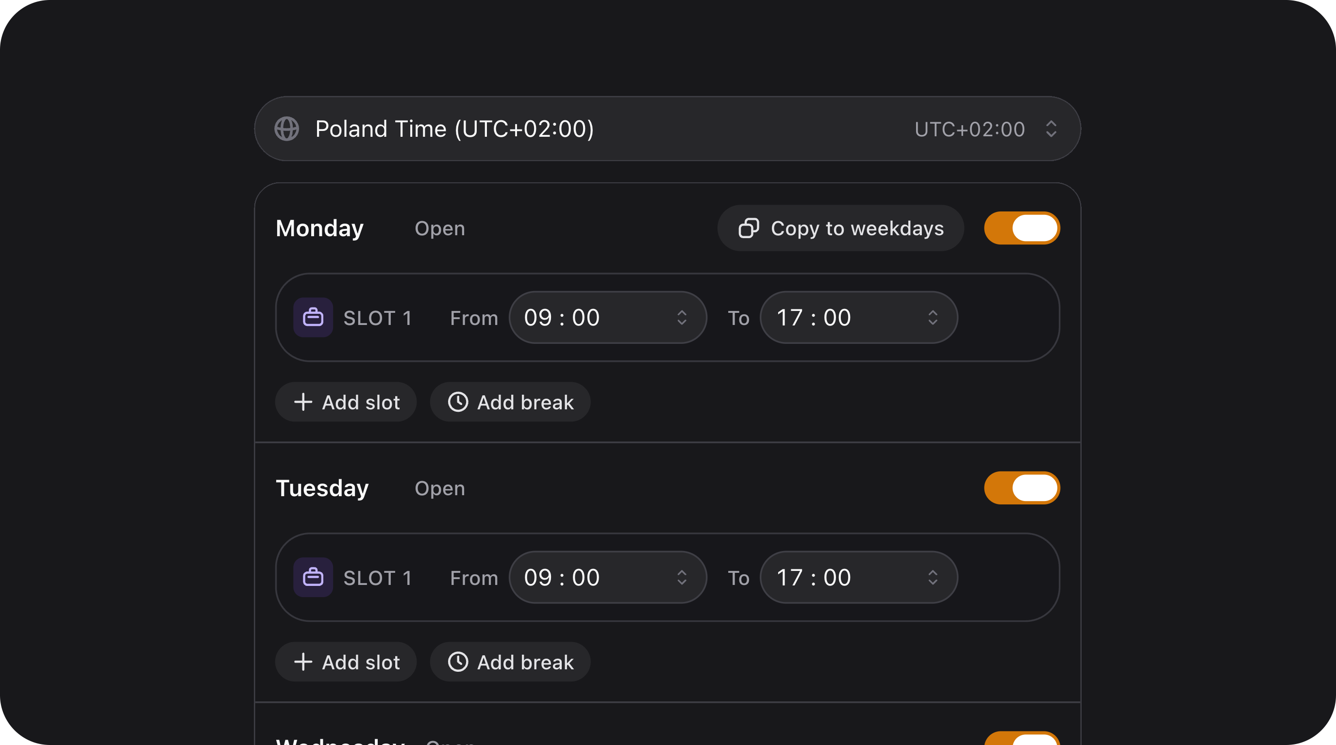 ScheduleField - Weekly schedule editor with day toggles, multiple time slots, breaks, and copy-to-weekdays functionality