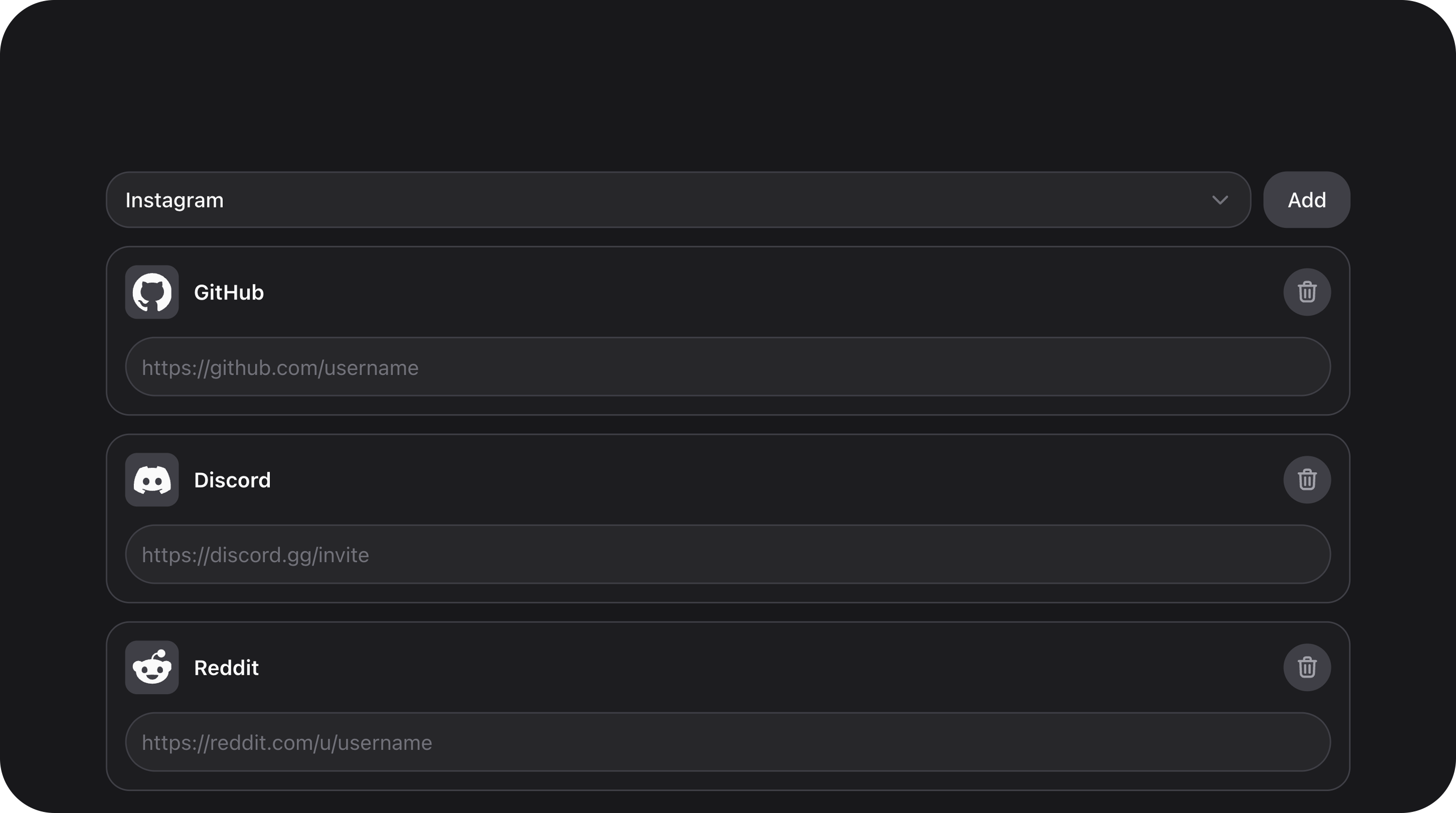 SocialLinksField - Social profile link editor with brand icons, validation, reordering, and custom platforms support