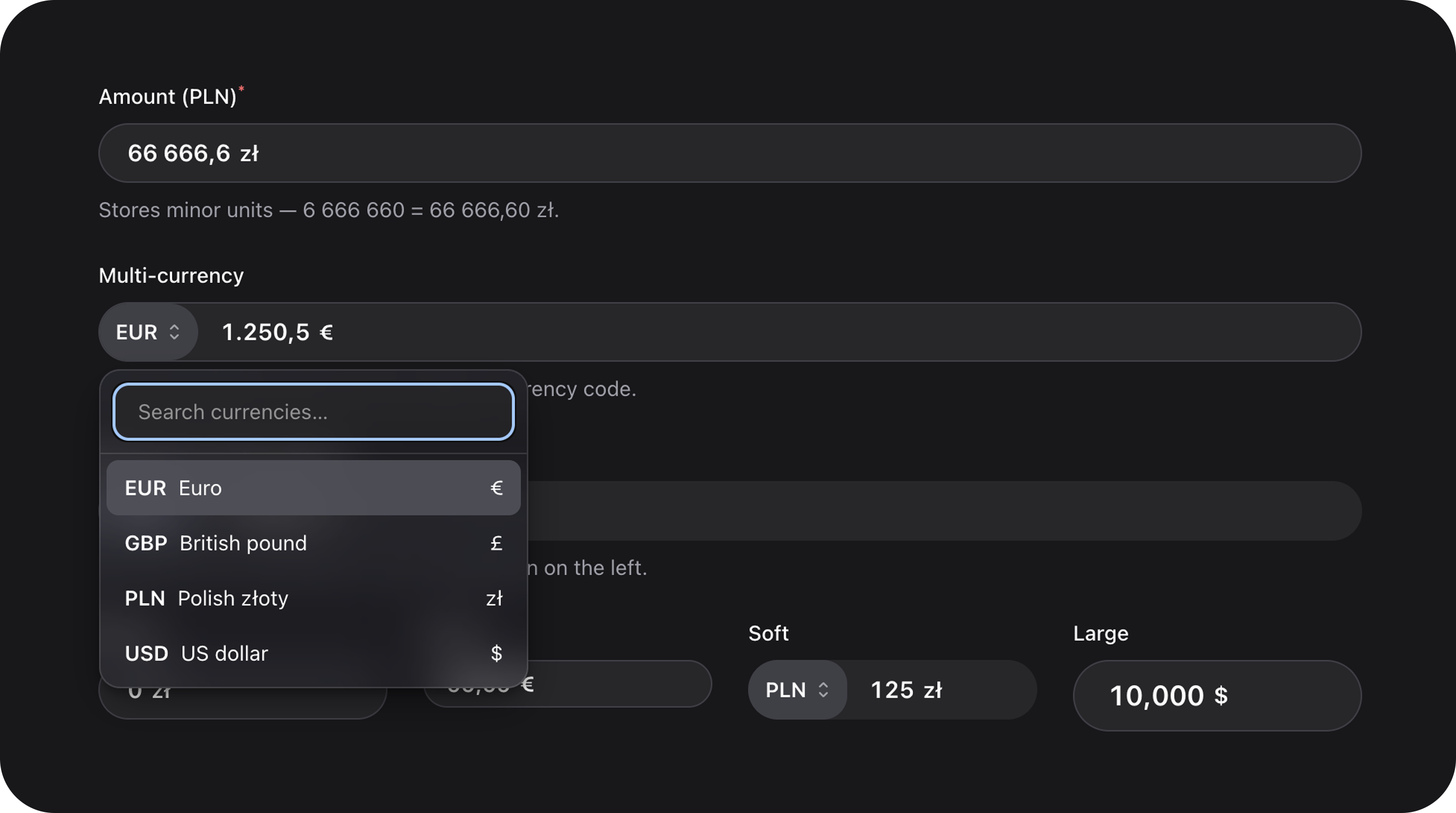 CurrencyField - Multi-currency localized money input with real-time formatting, automatic decimal separation, and prefix selector