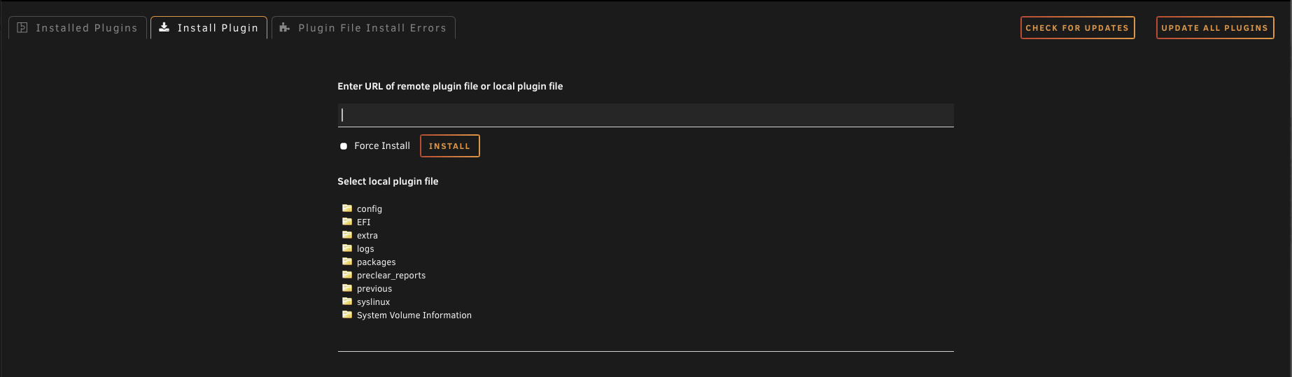 Install Plugin screen in Unraid