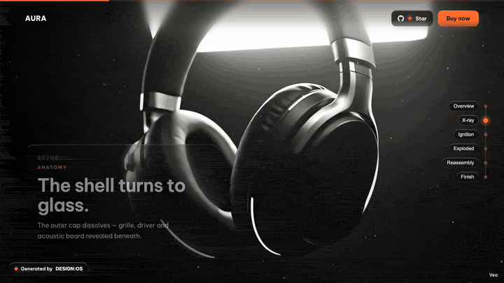 Animated scroll-through of the AURA page: a dark exploded-view headphone film scrubbed by scroll under liquid-glass panels