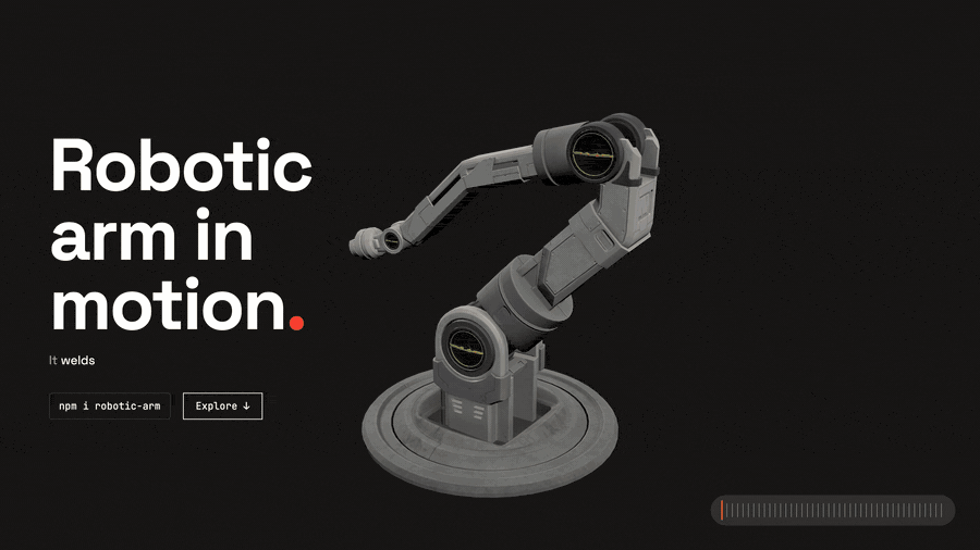 Animated scroll-through of the Robotic Arm site: a Three.js arm assembles from wireframe, explodes into a labeled blueprint, and plays color-coded feature acts
