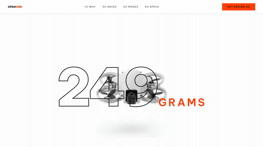 Animated scroll-through of the OPAH ONE drone page: film sequences scrubbed by scroll, an exploded-view annotation tour, and token-compiled sections