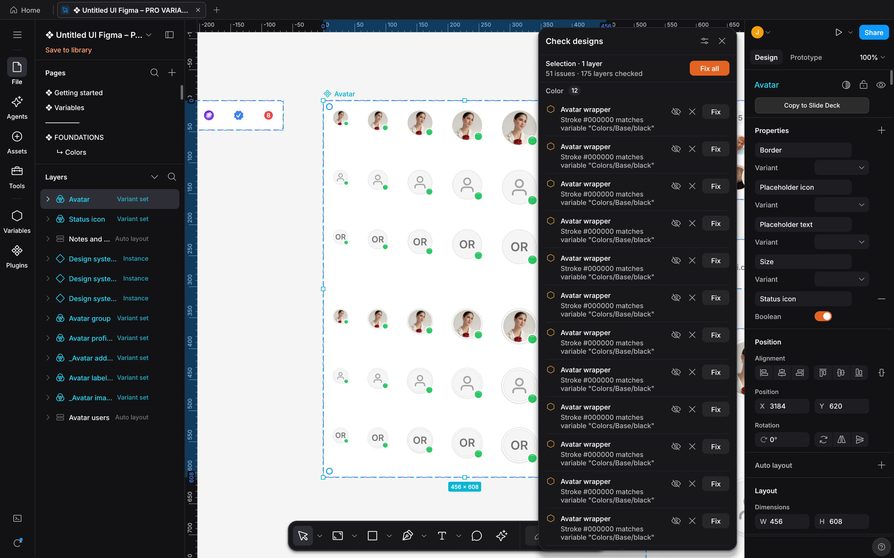 DESIGN:OS Studio Check designs panel open on the Avatar variant set of the Untitled UI kit: the Color group lists findings such as Stroke #000000 matches variable Colors/Base/black, each with a Fix button, and a Fix all button sits at the top