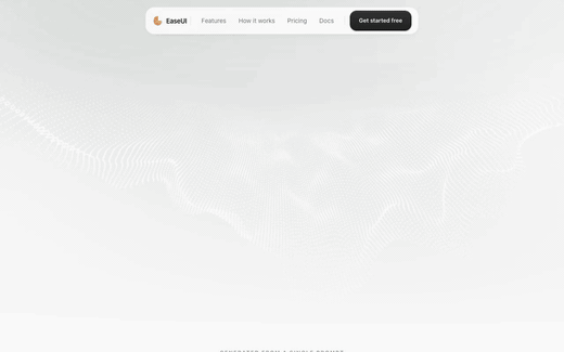 EaseUI — 'Describe a UI. Get production code.' — scrolling from the hero into the four-step workflow with live variant previews