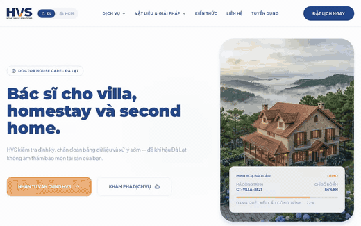 HVS — bilingual villa-care hero with a live inspection-report card, scrolling into the Doctor House Care service flow