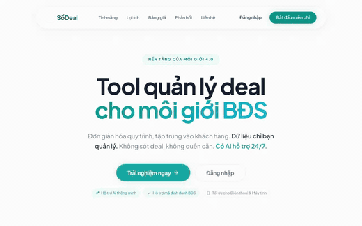 SổDeal — 'Tool quản lý deal cho môi giới BĐS' — teal SaaS hero scrolling into features and testimonials