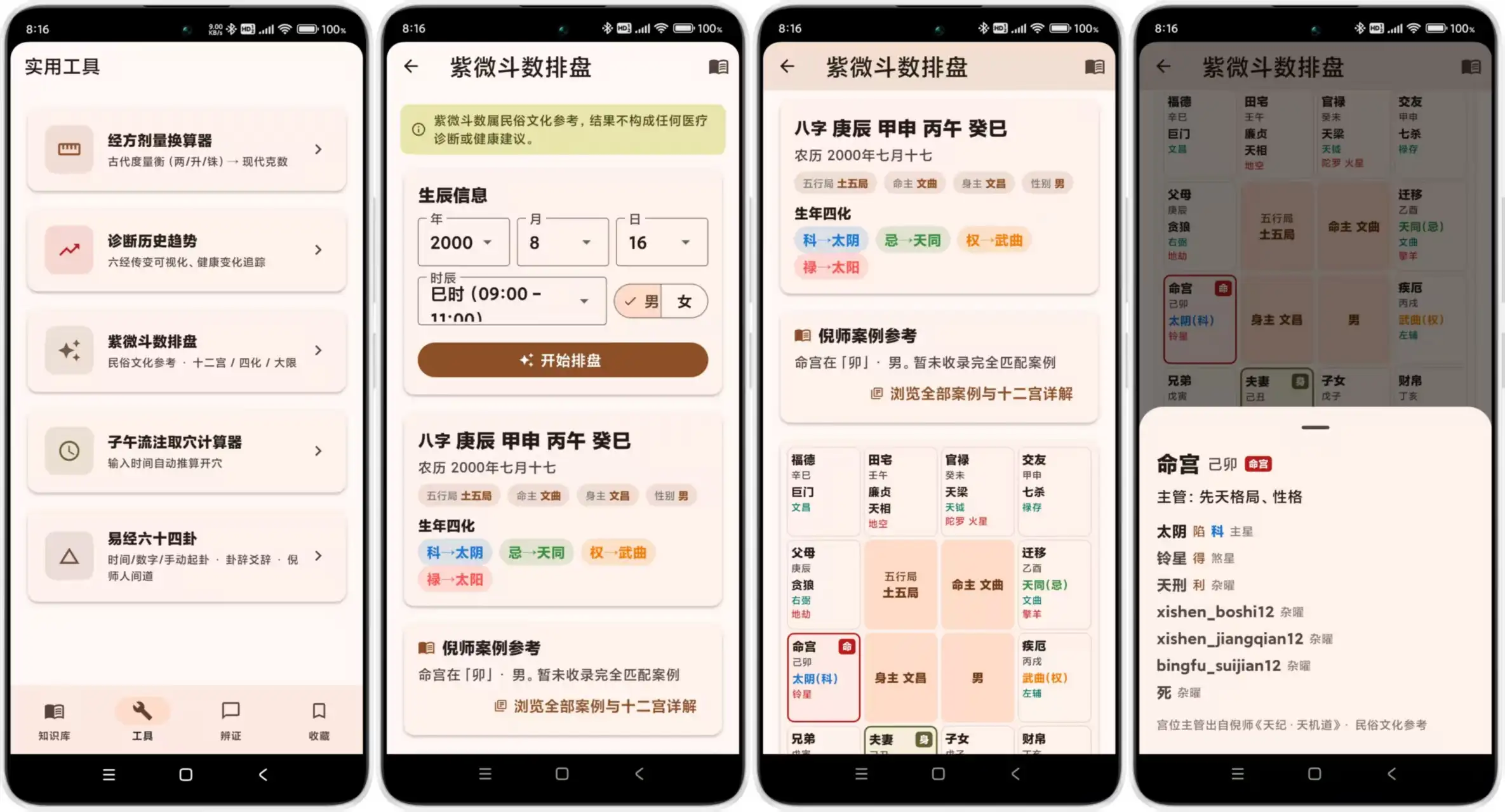 자미두수 명반을 12궁 격자로 표시하고 선택한 명궁의 별자리 정보를 하단 패널에 표시하는 화면입니다.