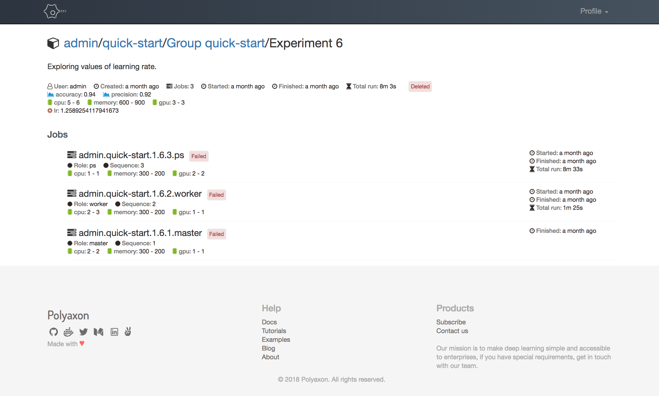 Polyaxon dashboard