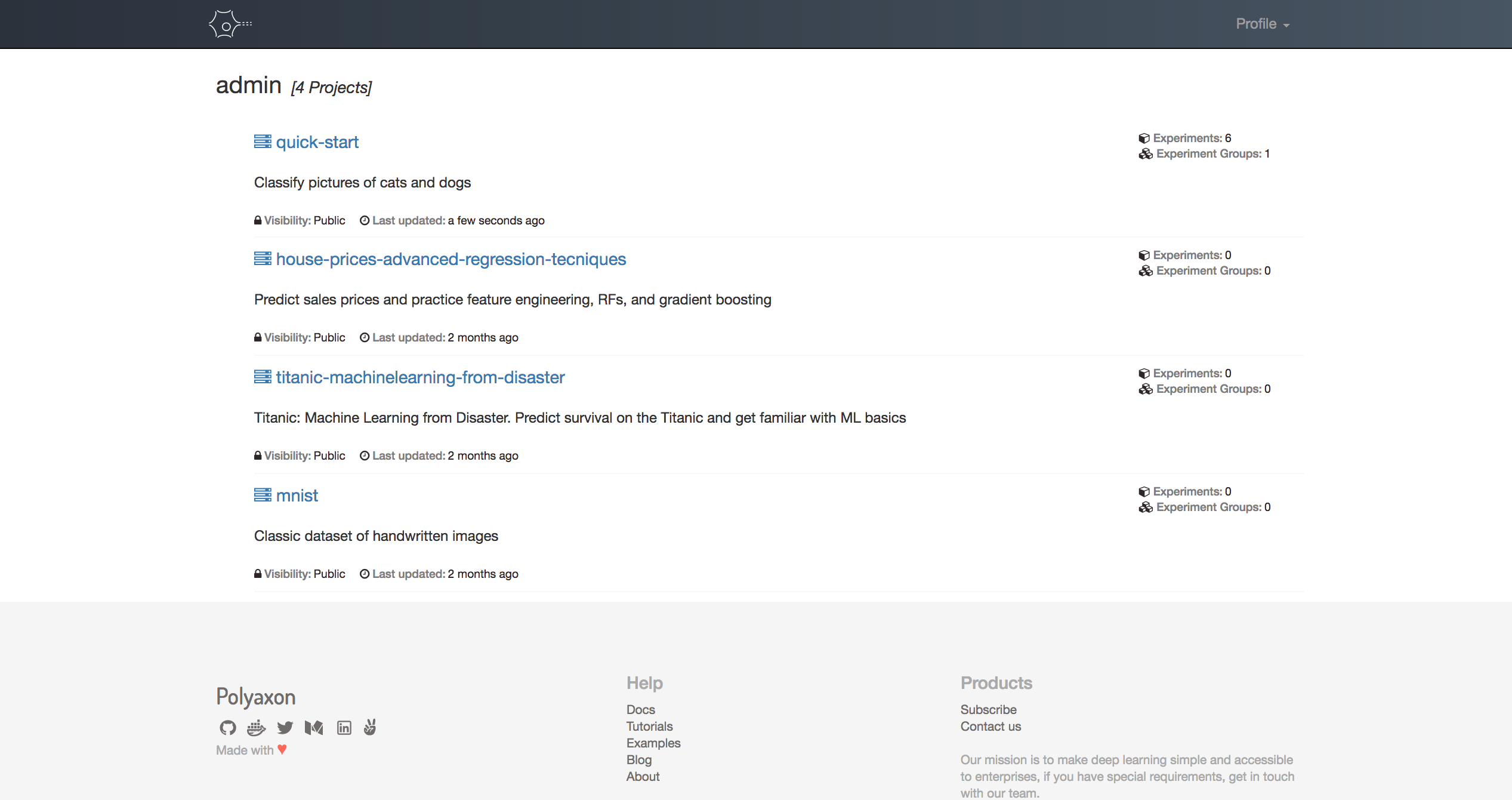 Polyaxon dashboard