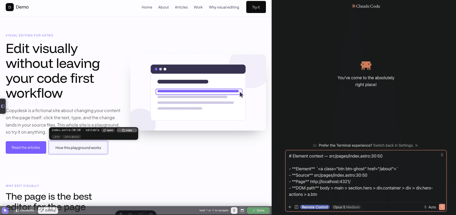 The pill's copy button, next to a Claude Code prompt filled with the element context: source location, page URL, DOM path and applied CSS