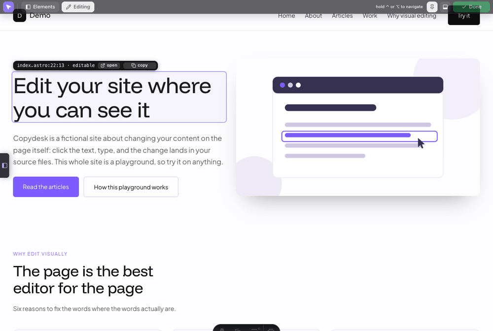 A heading in edit mode with the hover pill above it naming the file and line
