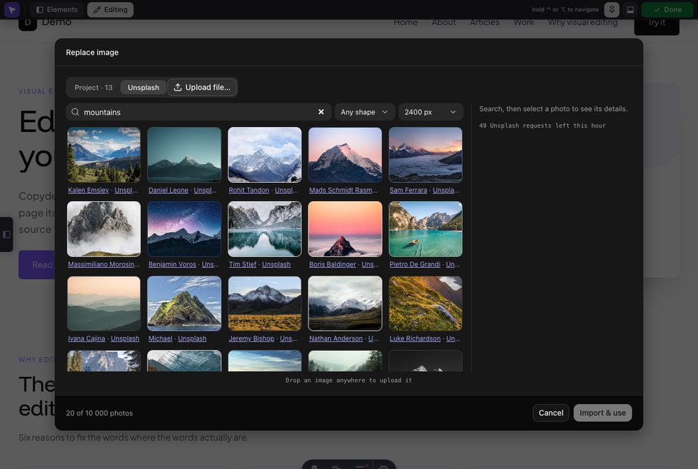 The Unsplash tab of the picker showing search results for mountains, each tile credited to its photographer, with shape and size selects