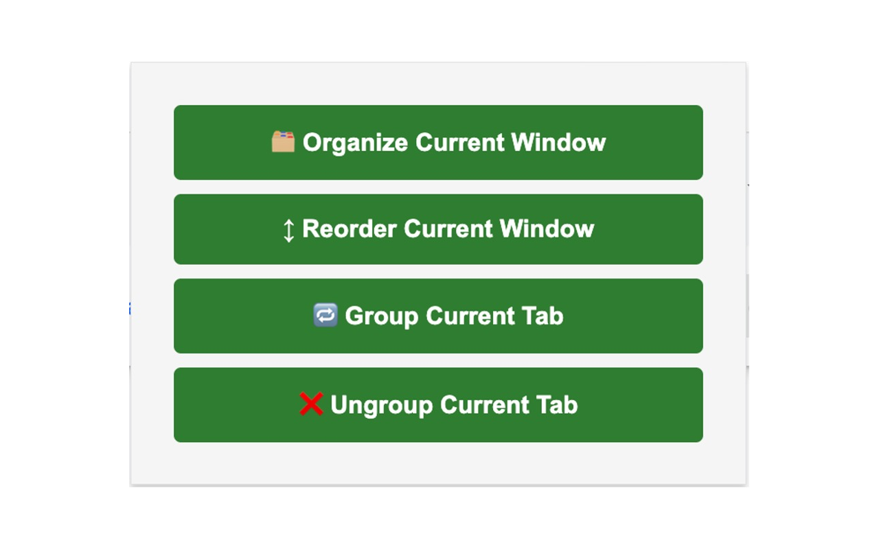 Smart Tab Organizer popup with Organize, Reorder, Group, and Ungroup actions