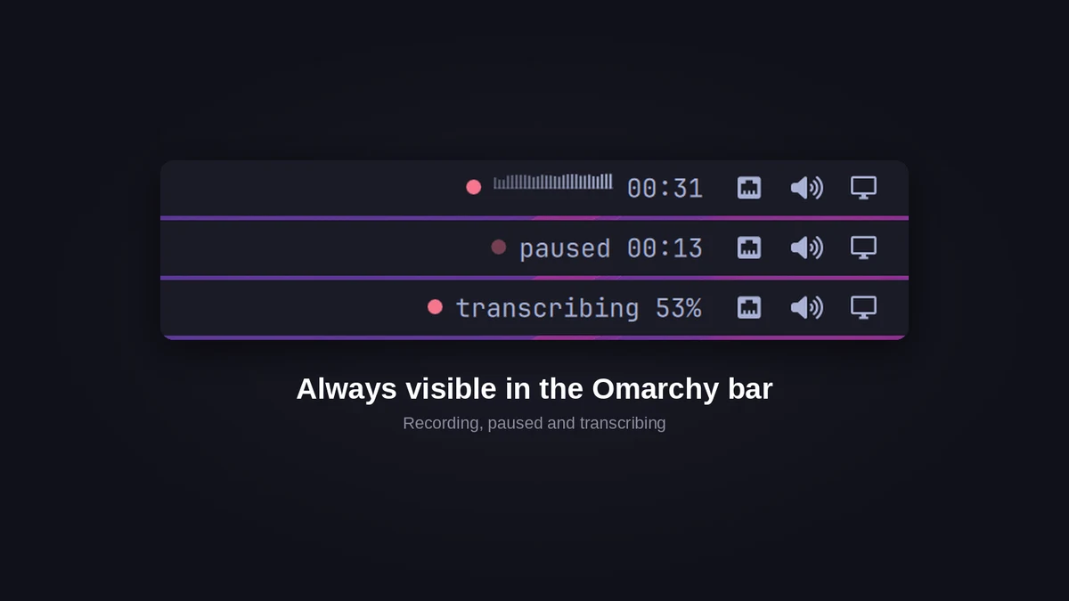 The bar widget recording, paused and transcribing
