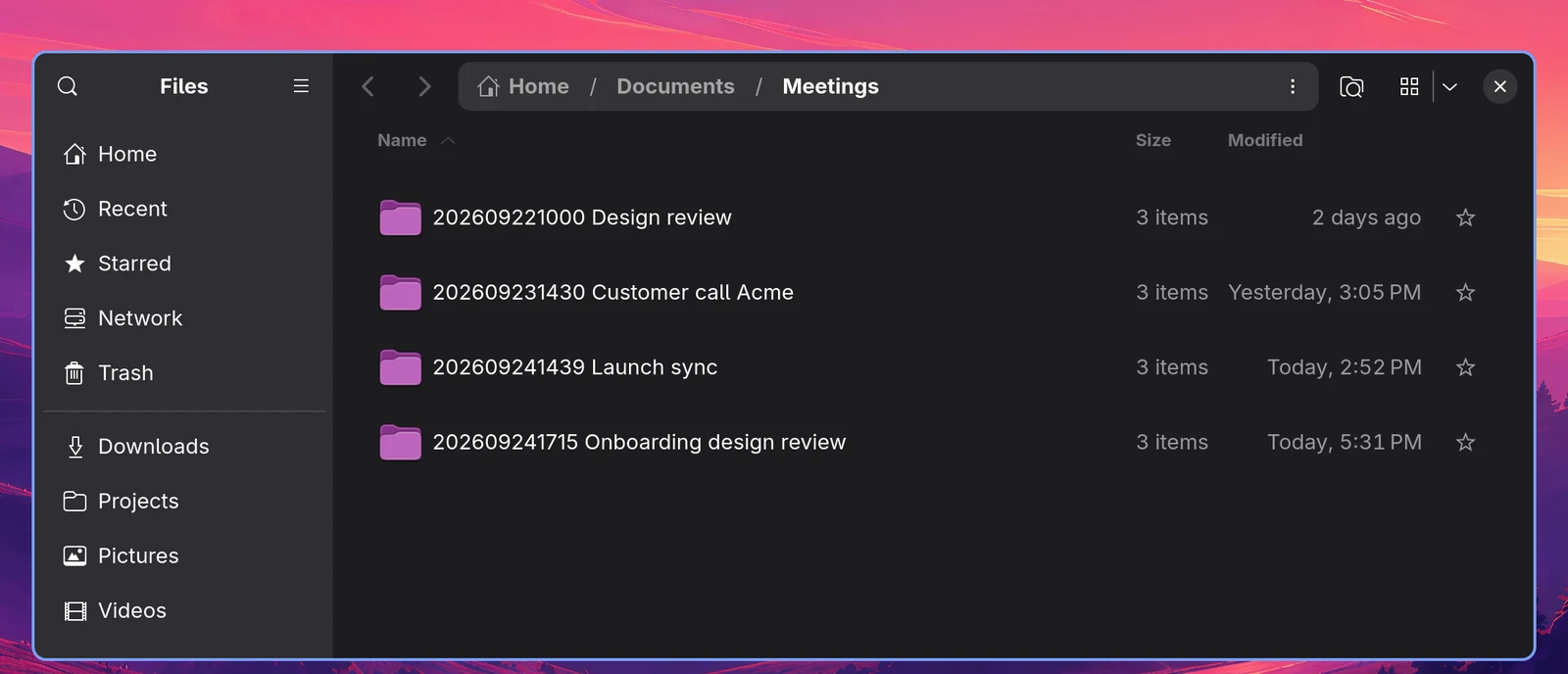 Nautilus showing four meeting folders