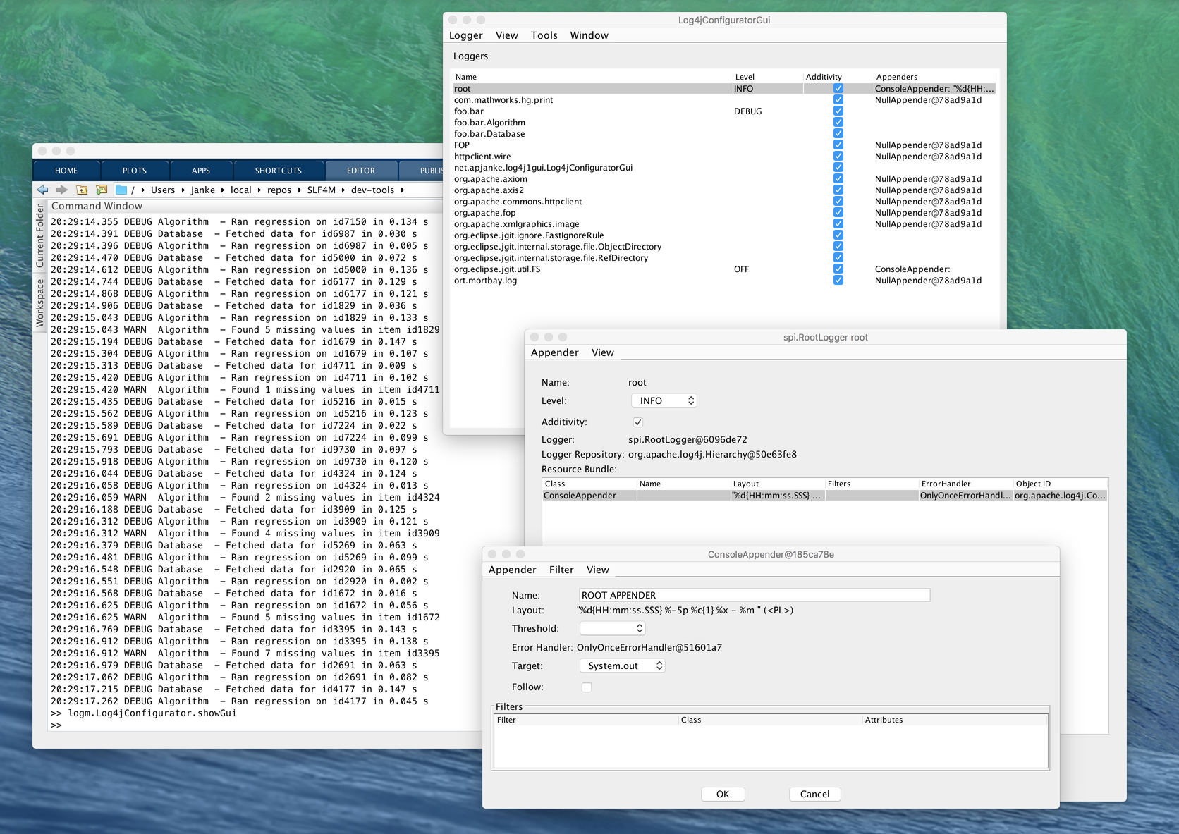 SLF4M screenshot showing log output and configuration GUI