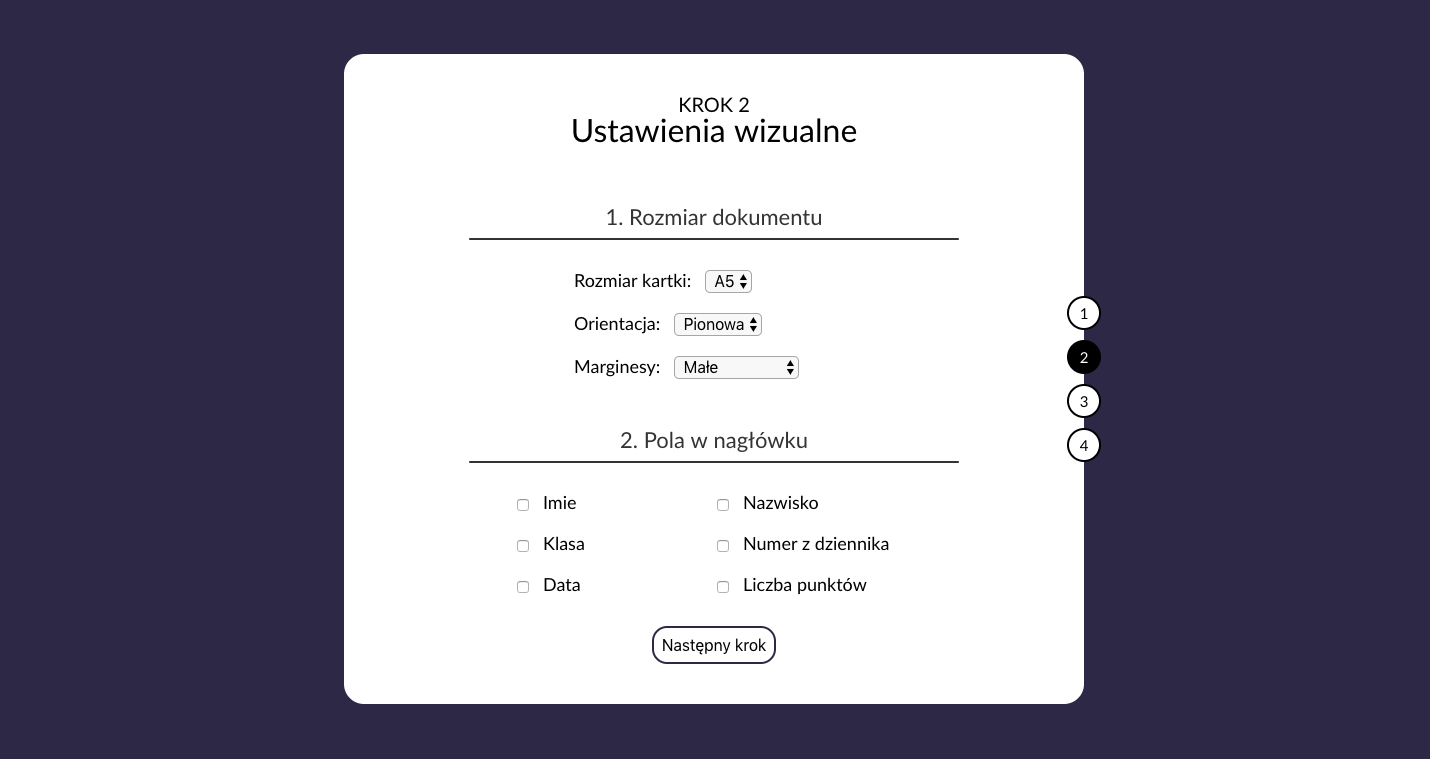 Krok 2 - usatwienia graficzne kartkówki