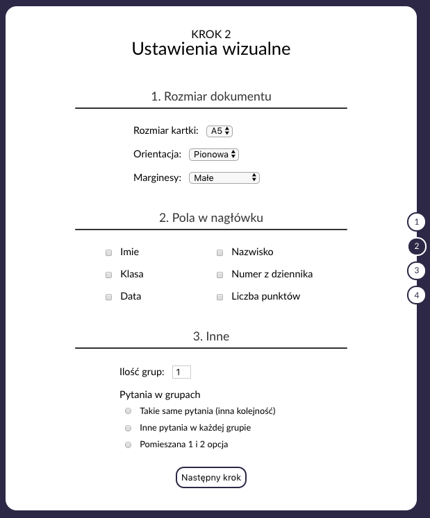 Krok 2 - usatwienia graficzne kartkówki