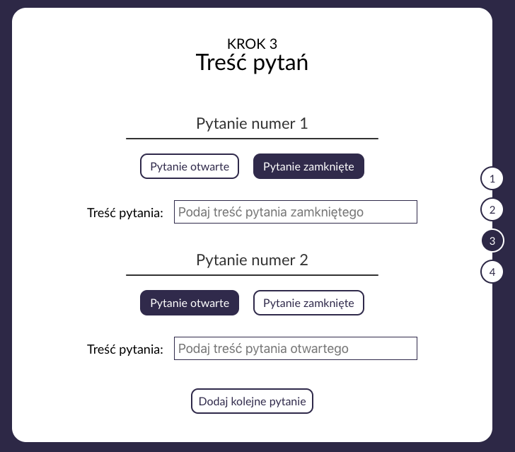 Krok 3 - wybór zamknięte lub otwarte pytanie